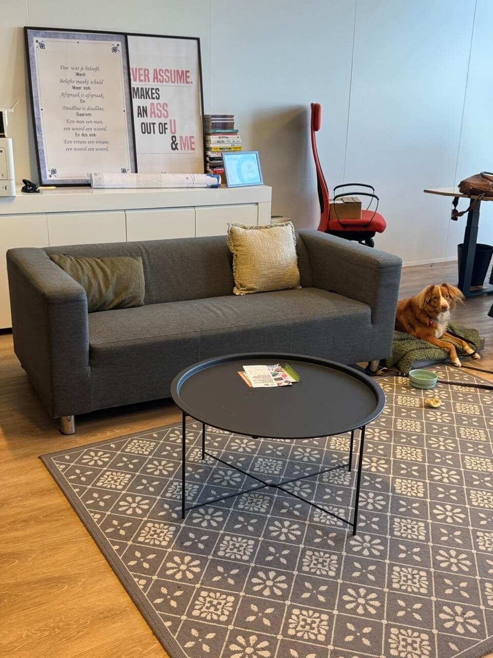 Bank om te rustig te zitten en daarnaast de office dog